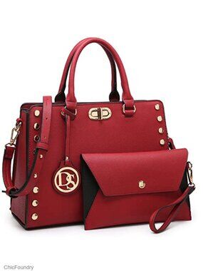 Vegan Leather Satchel Handbag with Clutch Set Studded Tote Work Bag